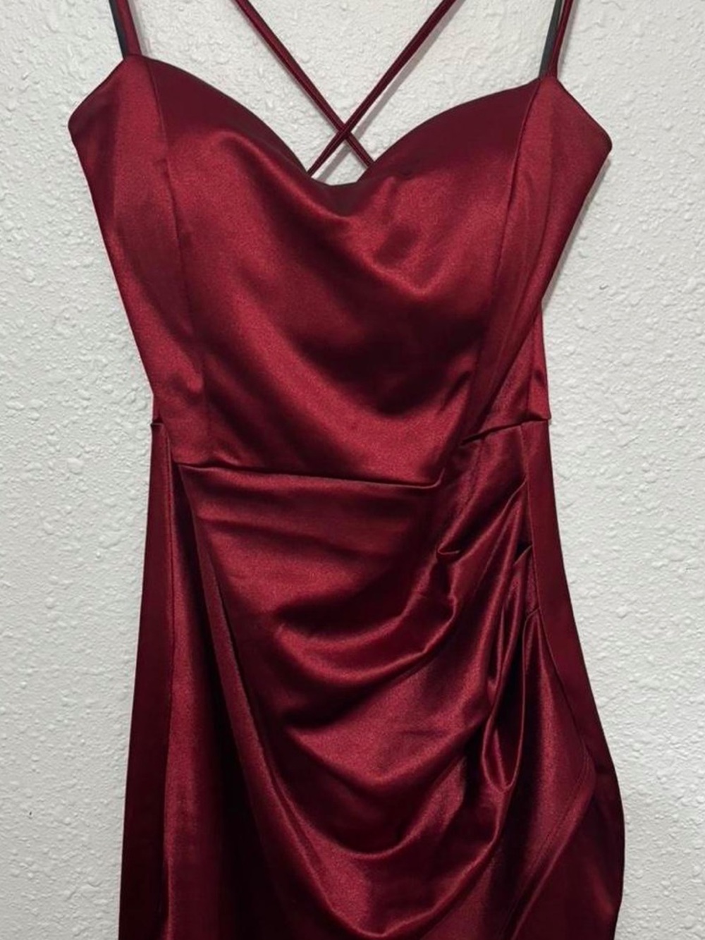 Windsor Red Burgundy Satin Strapless Cowl Dress With Rhinestone Back Strap